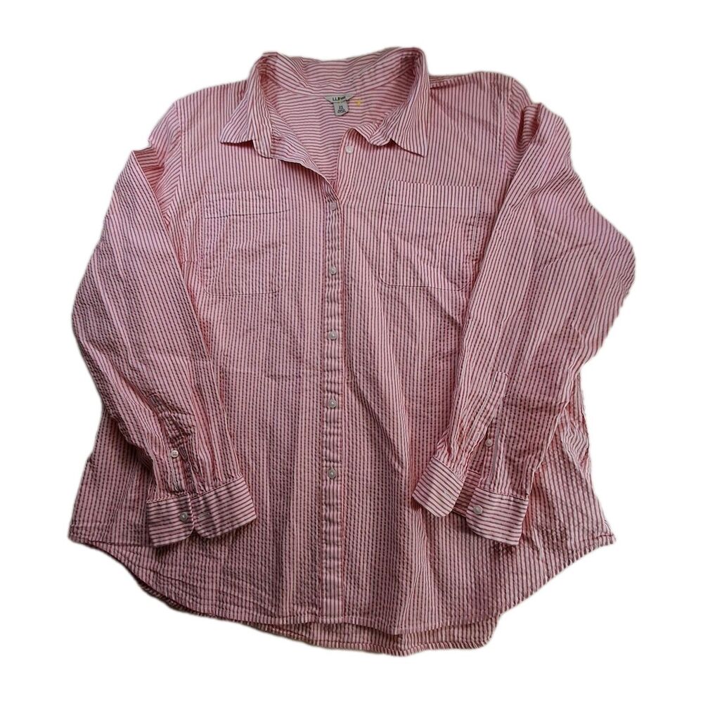 LL Bean Shirt Vacationland Women 2X Pink Seersucker Striped Button Front Preppy